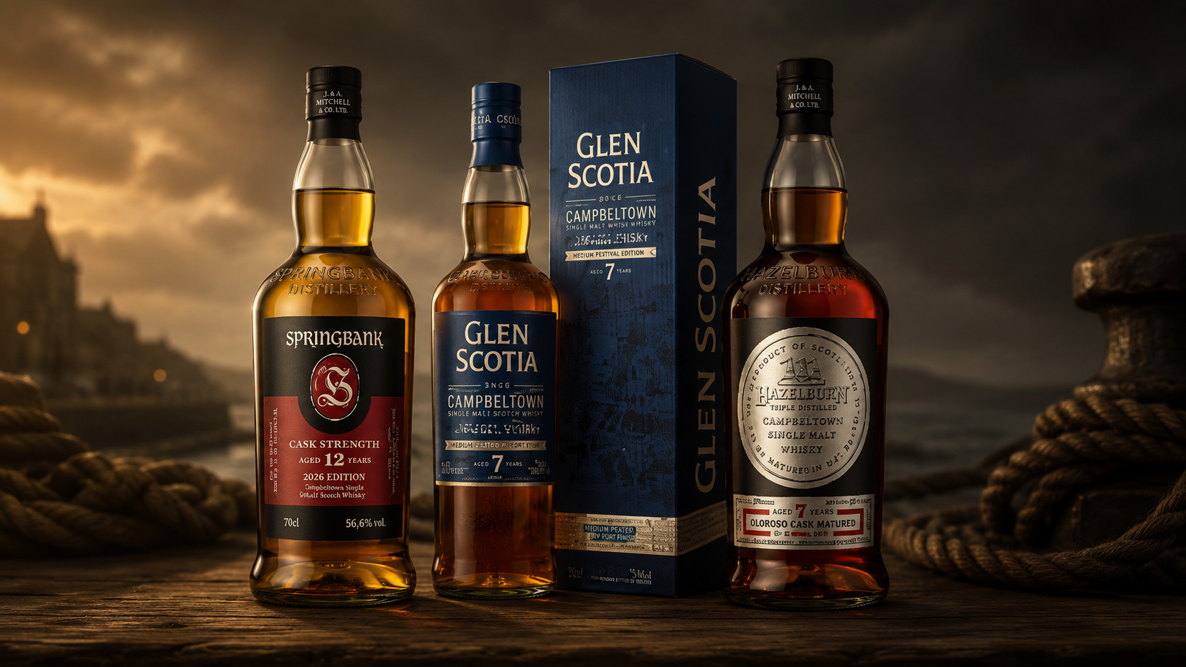 Campbeltown Whiskys von Springbank, Glen Scotia und Hazelburn vor maritimer Kulisse