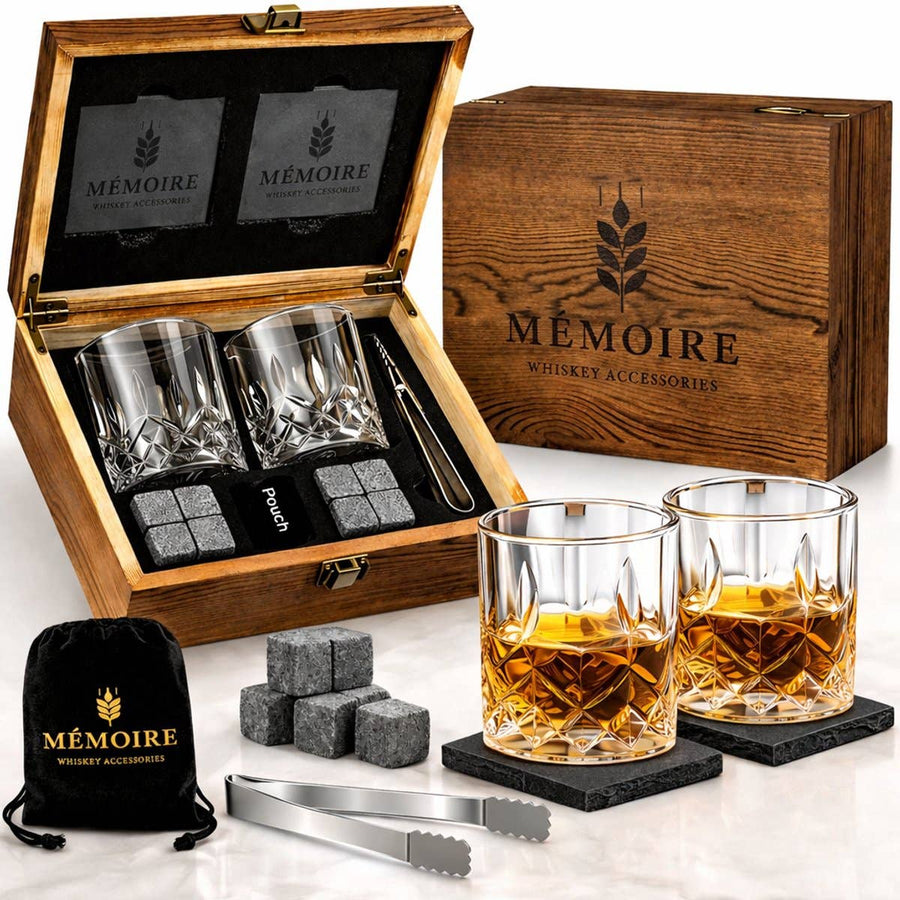 Mémoire Luxe Whisky-Set – 2x Whiskygläser, 8 Steine, Zange - Ahr Valley Whisky Cask Selection